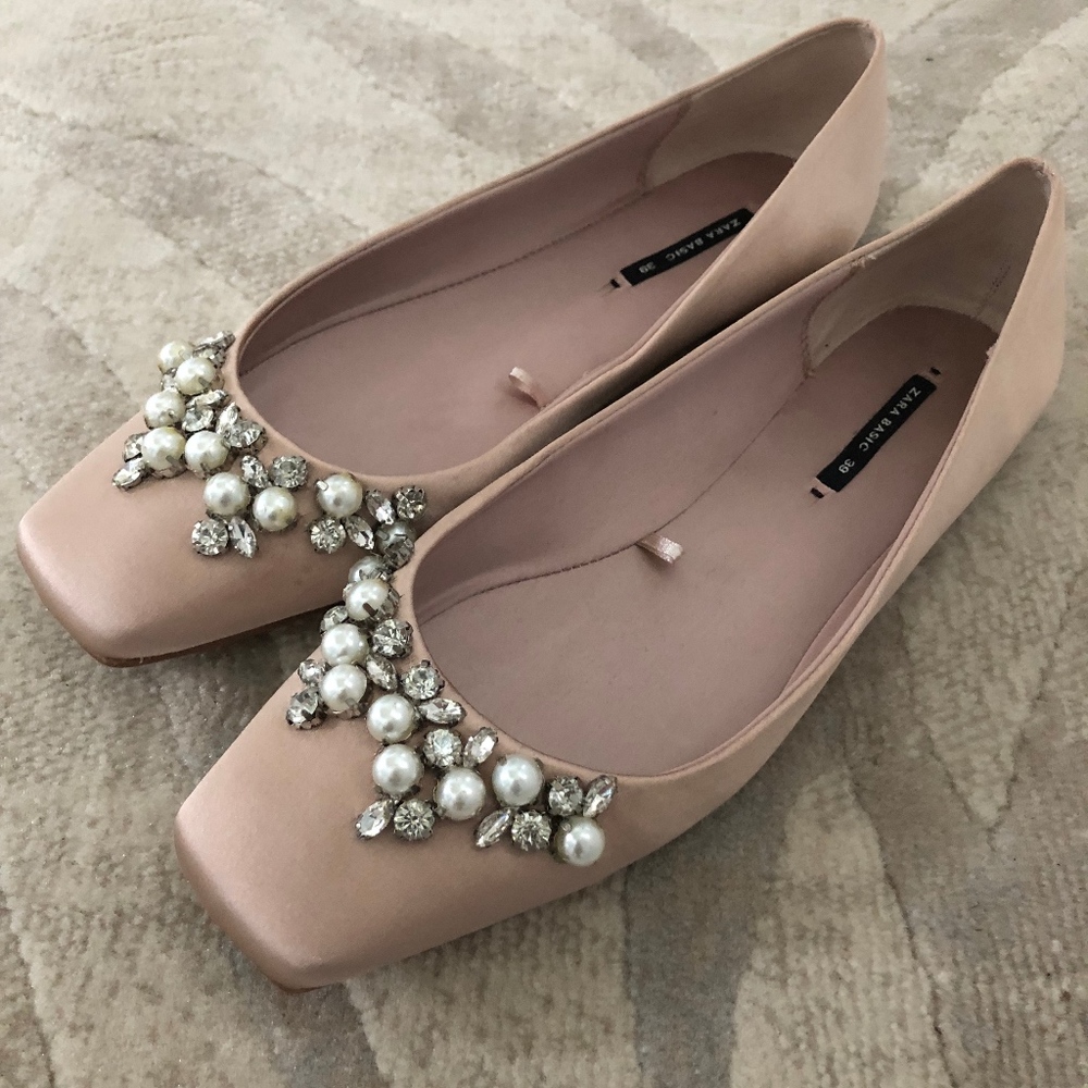 Light pink/ blush satin flats w/ embellishments